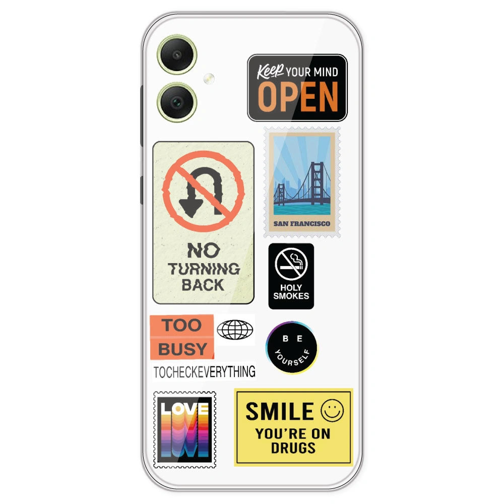 Retro Labels - Clear Printed Silicone Case For Samsung Galaxy A05