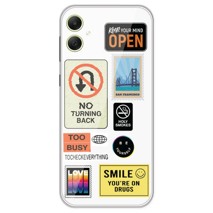 Retro Labels - Clear Printed Silicone Case For Samsung Galaxy A05