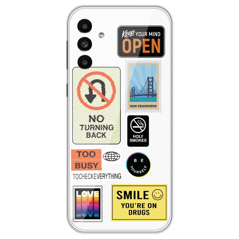 Retro Labels - Clear Printed Silicone Case For Samsung Galaxy A13