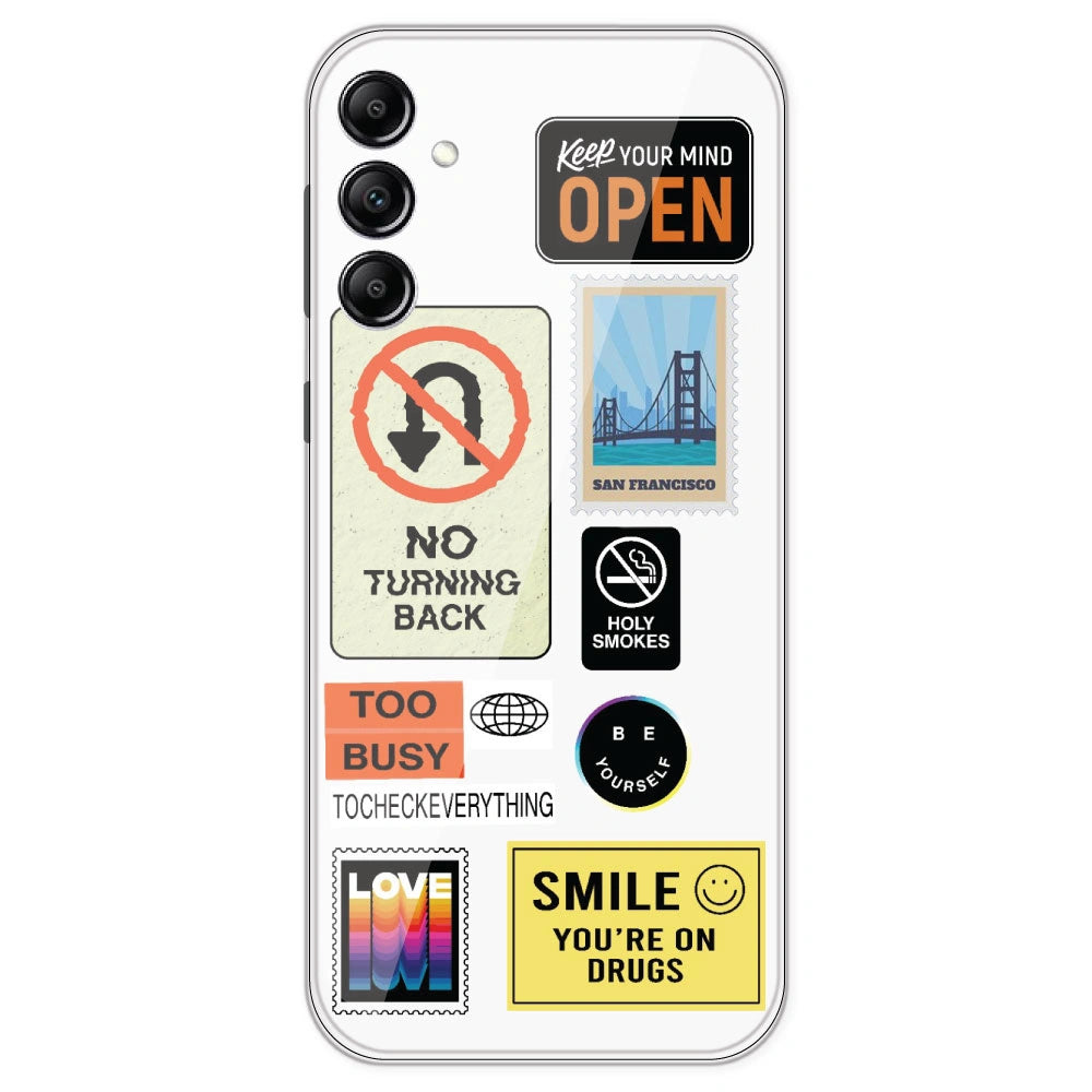 Retro Labels - Clear Printed Silicone Case For Samsung Galaxy A14