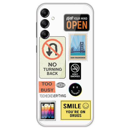 Retro Labels - Clear Printed Silicone Case For Samsung Galaxy A14