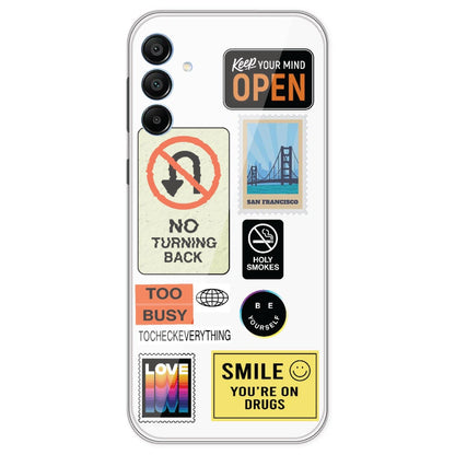 Retro Labels - Clear Printed Silicone Case For Samsung Galaxy A15