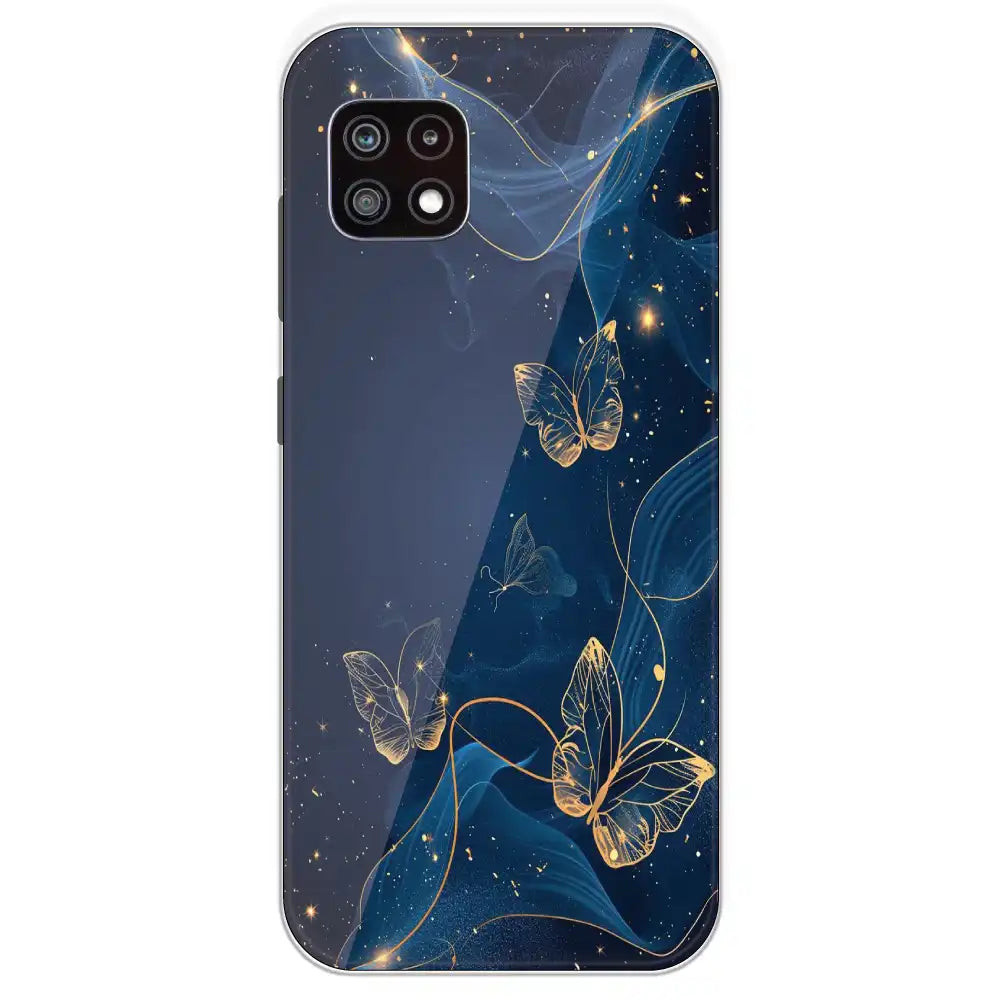 Blue With Gold Butterflies - Printed Silicone Case For Samsung Galaxy A22
