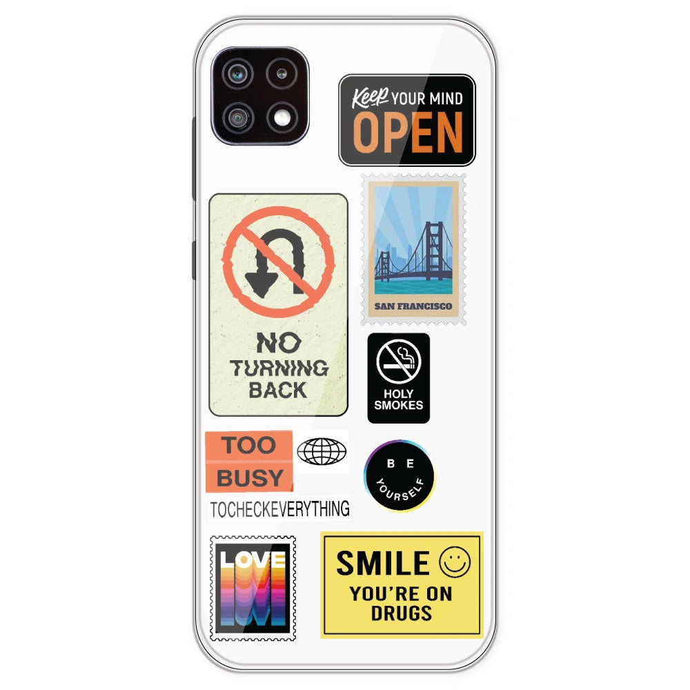 Retro Labels - Clear Printed Silicone Case For Samsung Galaxy A22