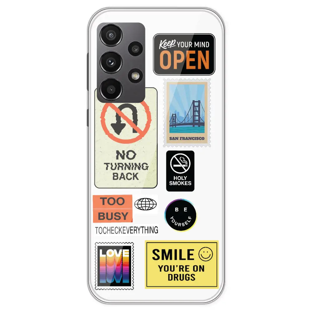 Retro Labels - Clear Printed Silicone Case For Samsung Galaxy A23