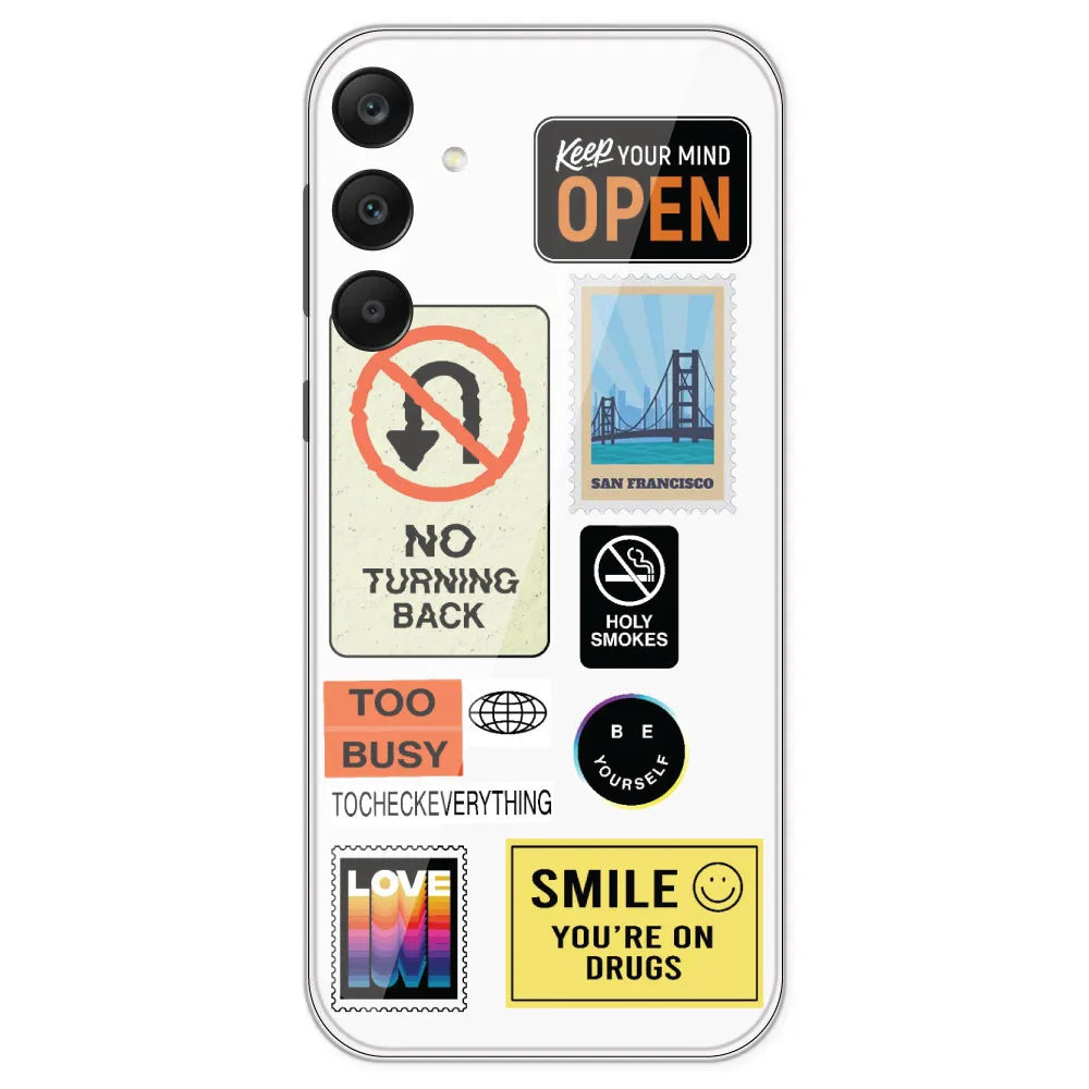 Retro Labels - Clear Printed Silicone Case For Samsung Galaxy A25