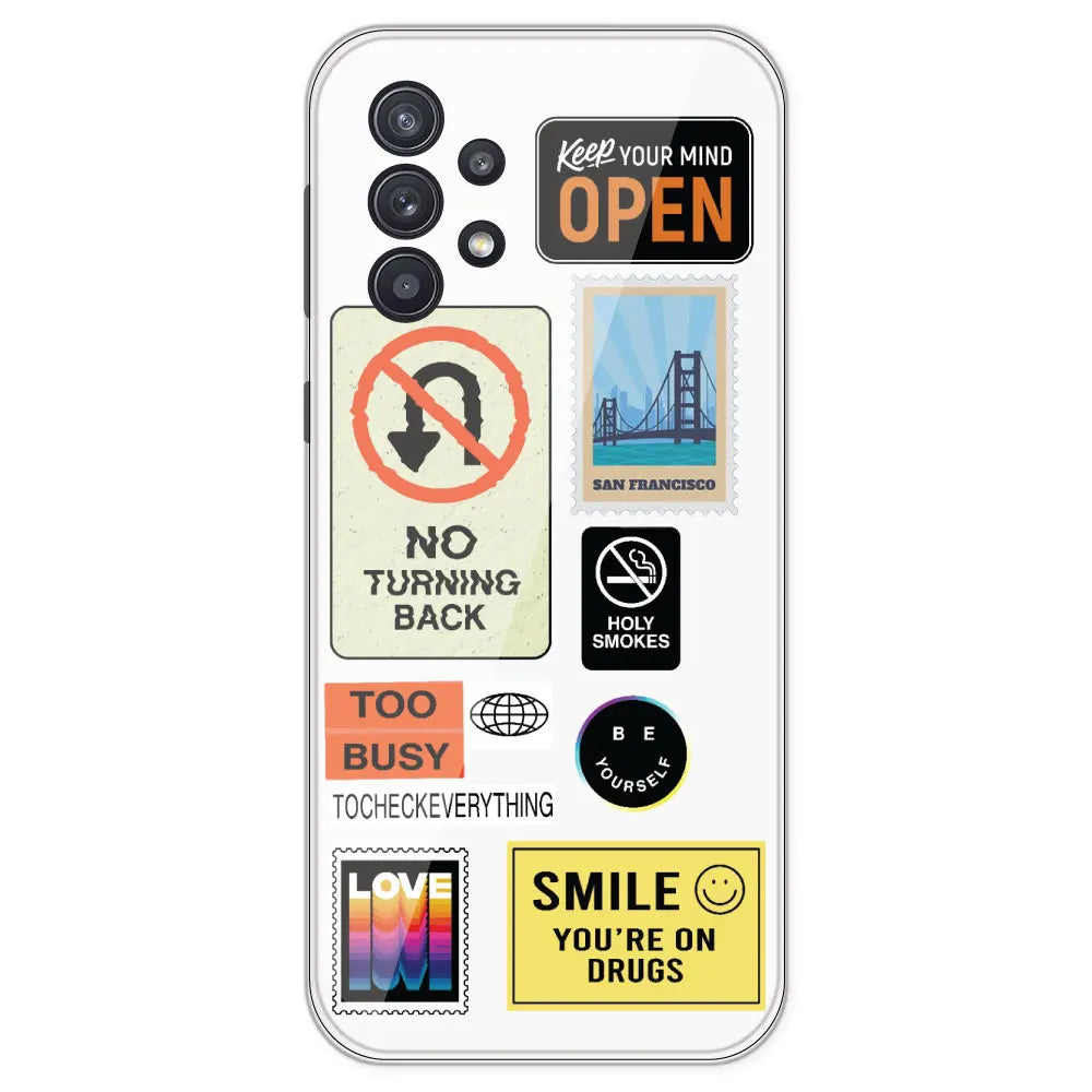 Retro Labels - Clear Printed Silicone Case For Samsung Galaxy A32