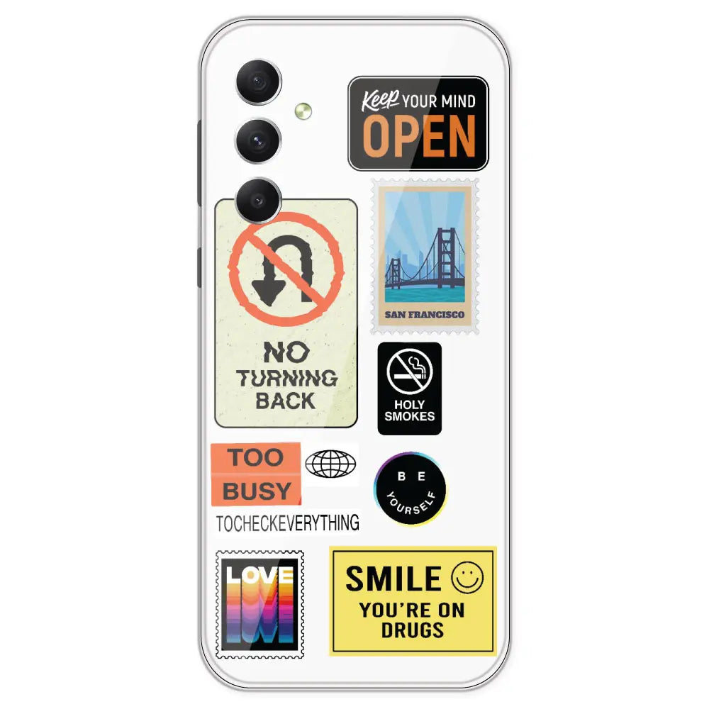 Retro Labels - Clear Printed Silicone Case For Samsung Galaxy A34