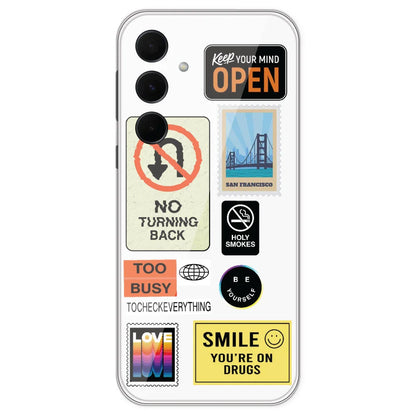 Retro Labels - Clear Printed Silicone Case For Samsung Galaxy A35