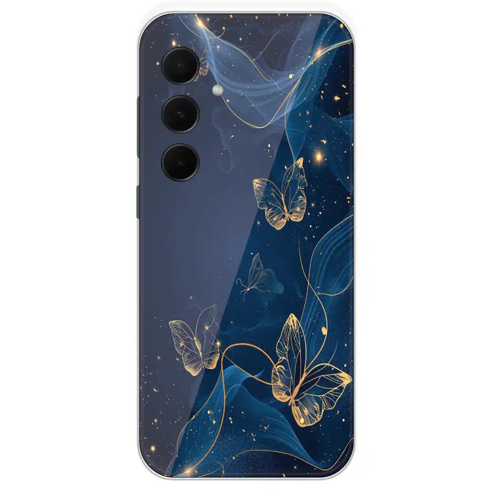 Blue With Gold Butterflies - Printed Silicone Case For Samsung Galaxy A35