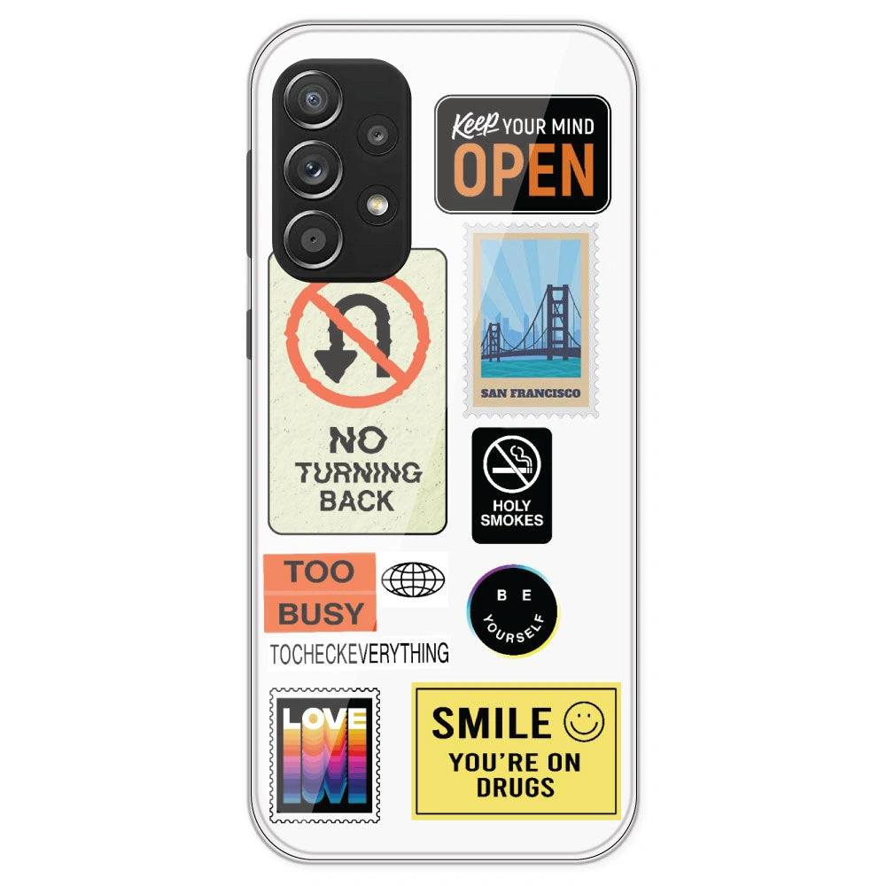 Retro Labels - Clear Printed Silicone Case For Samsung Galaxy A52