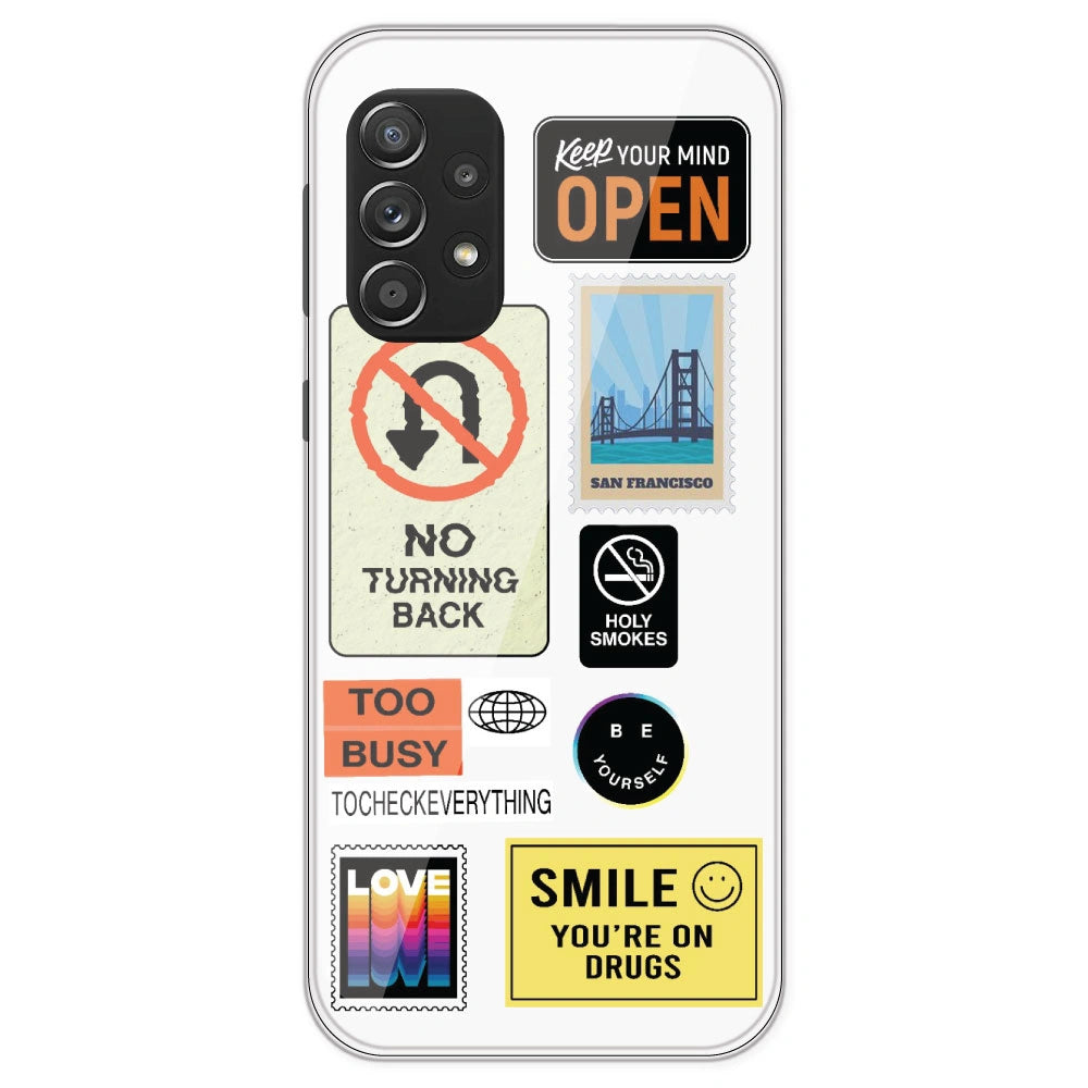 Retro Labels - Clear Printed Silicone Case For Samsung Galaxy A52S