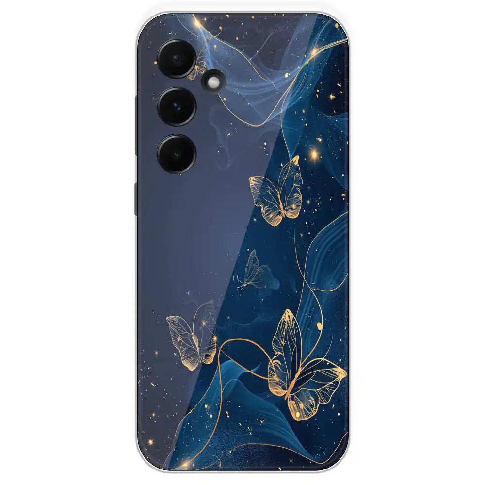 Blue With Gold Butterflies - Printed Silicone Case For Samsung Galaxy A55