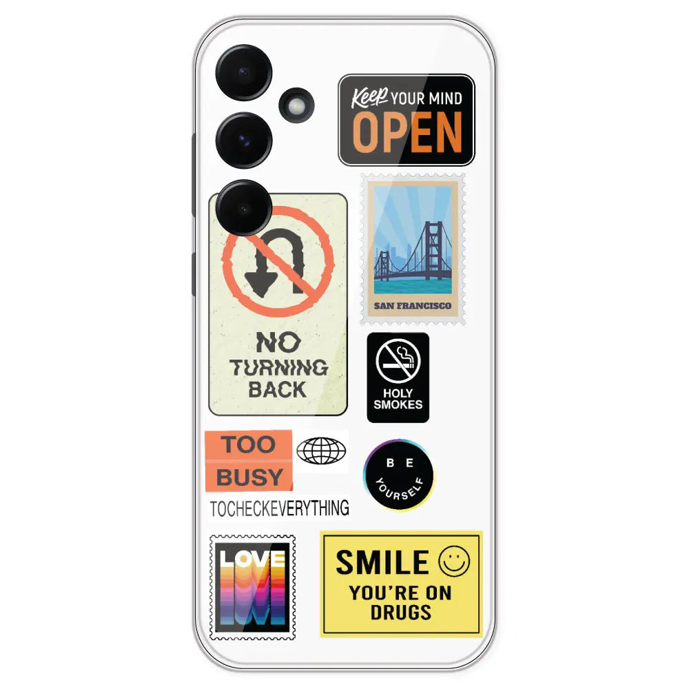 Retro Labels - Clear Printed Silicone Case For Samsung Galaxy A55