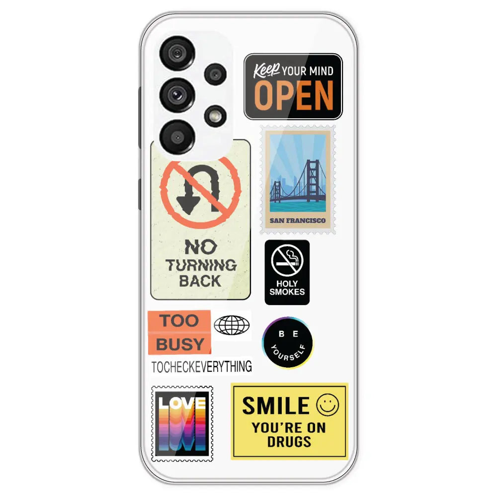 Retro Labels - Clear Printed Silicone Case For Samsung Galaxy A73