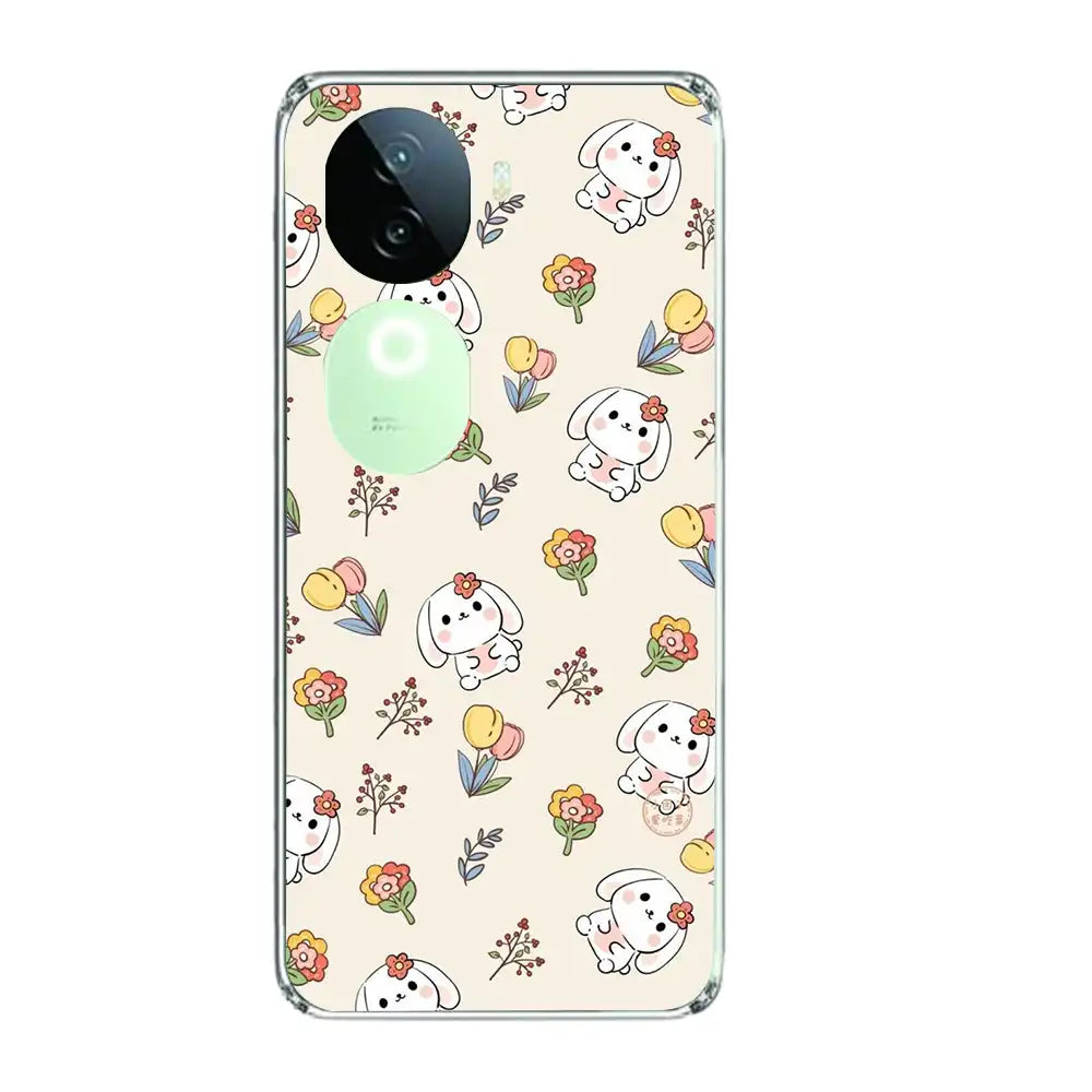 Cute Bunny And Flowers- Printed Silicone Case For IQOO Infographic