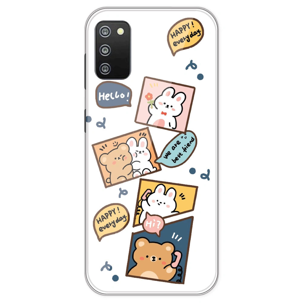 Happy Rabit And Bear - Clear Printed Silicone Case For Samsung Galaxy F02