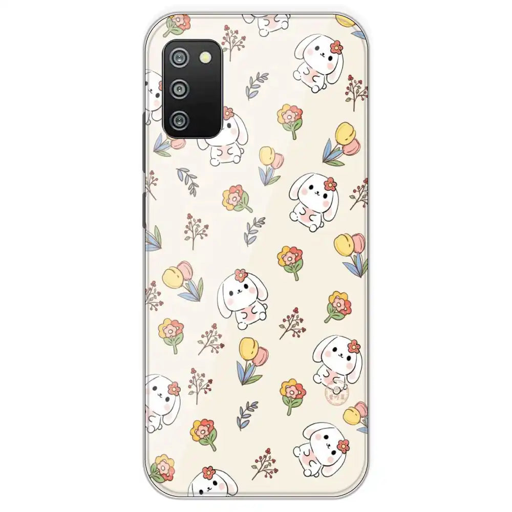 Cute Bunny And Flowers - Printed Silicone Case For Samsung Galaxy F02
