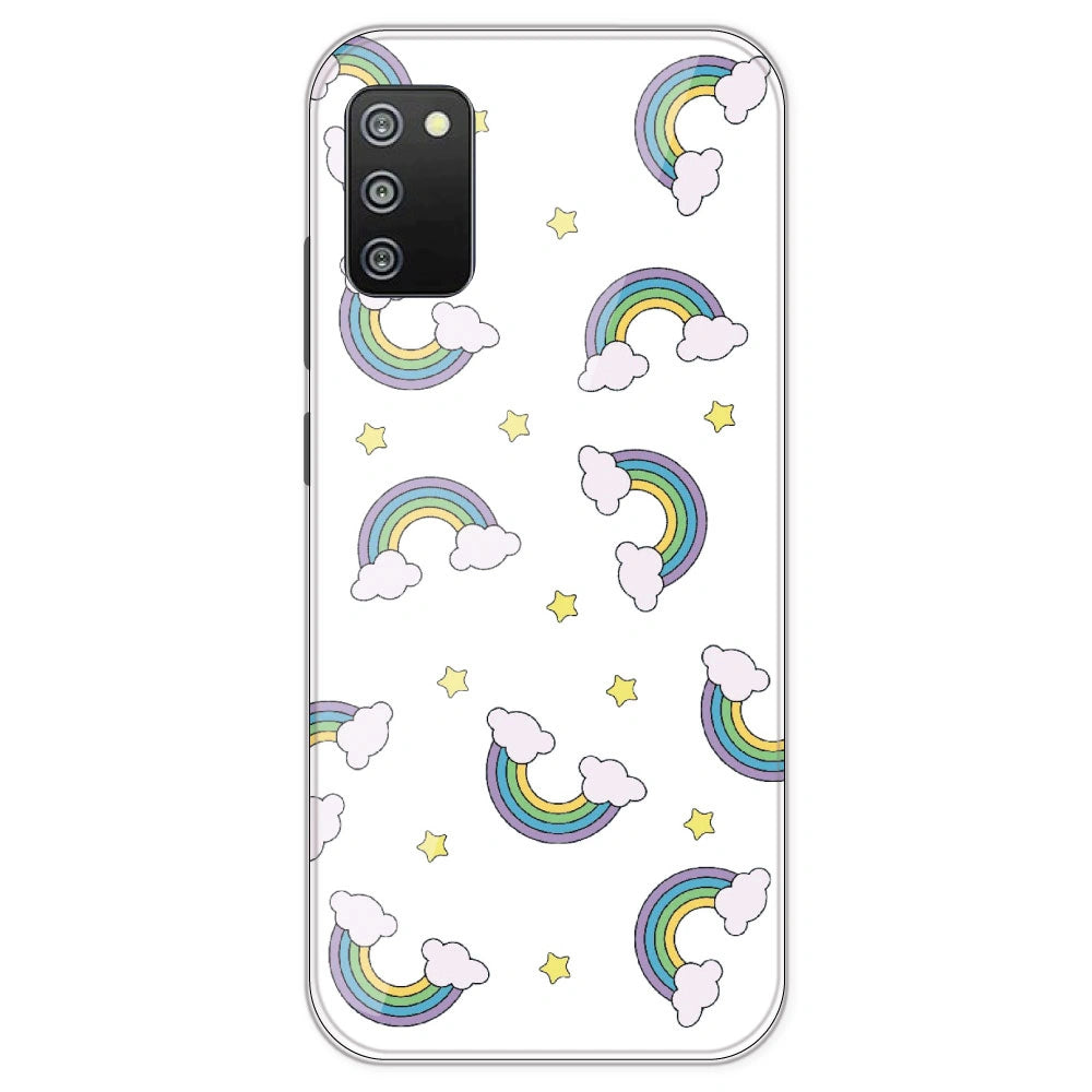 Rainbow With Clouds - Clear Printed Silicone Case For Samsung Galaxy F02
