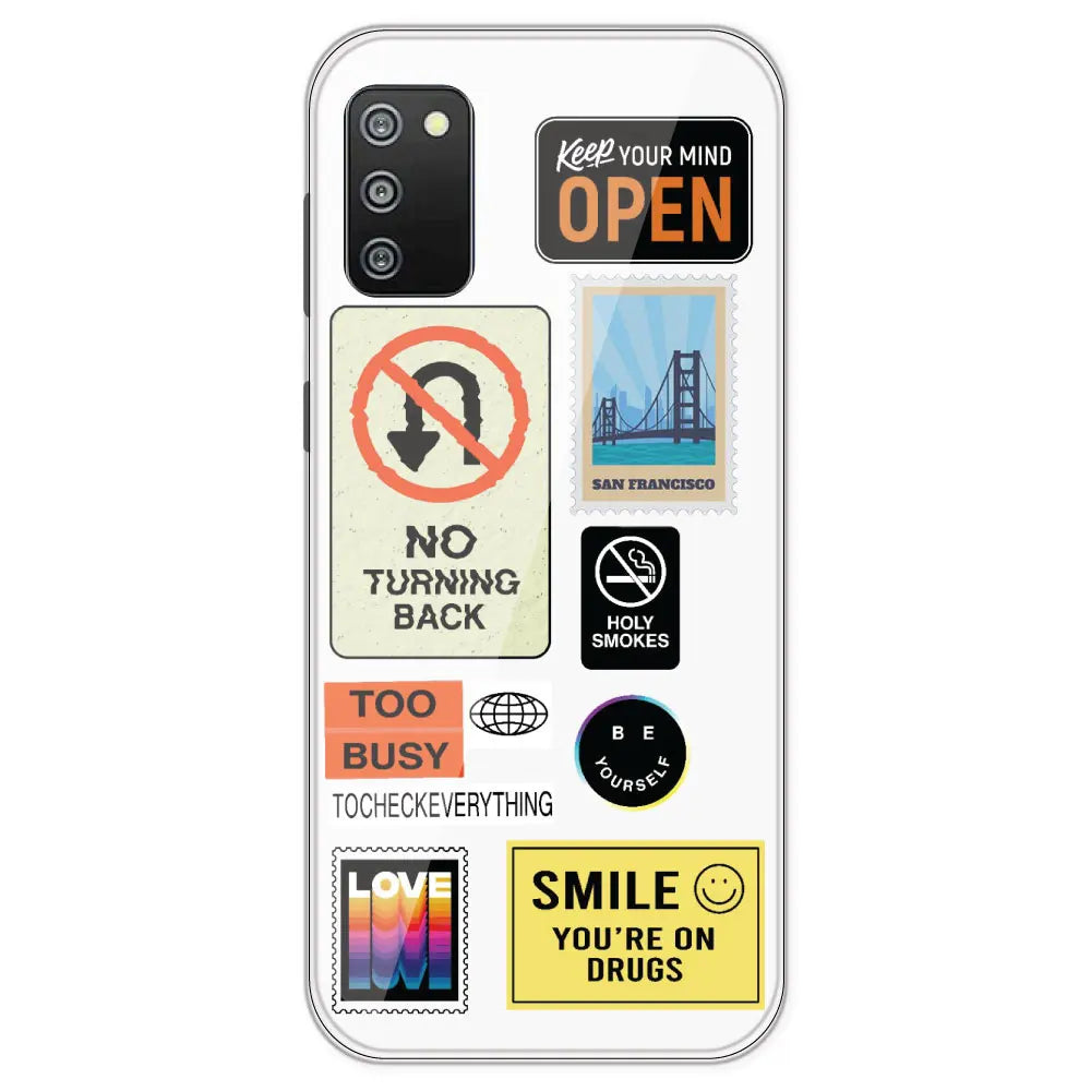 Retro Labels - Clear Printed Silicone Case For Samsung Galaxy F02