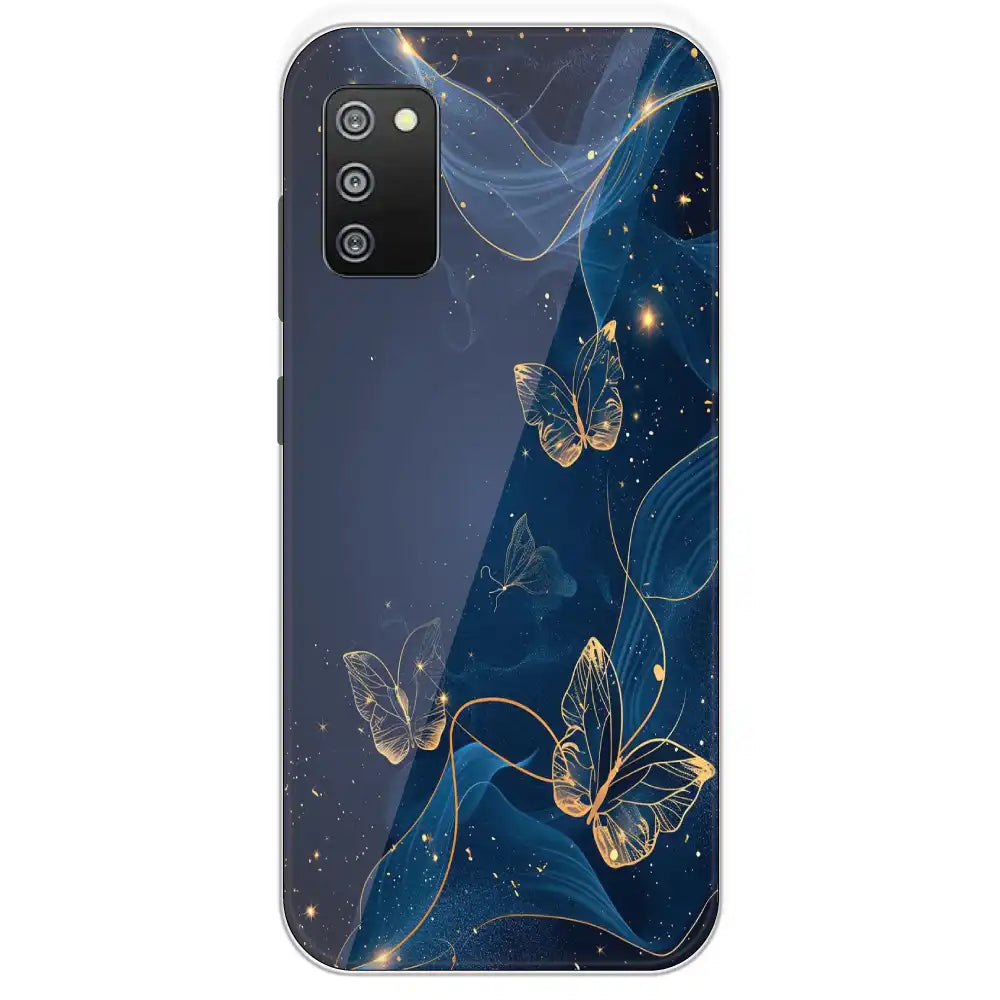 Blue With Gold Butterflies - Printed Silicone Case For Samsung Galaxy F02