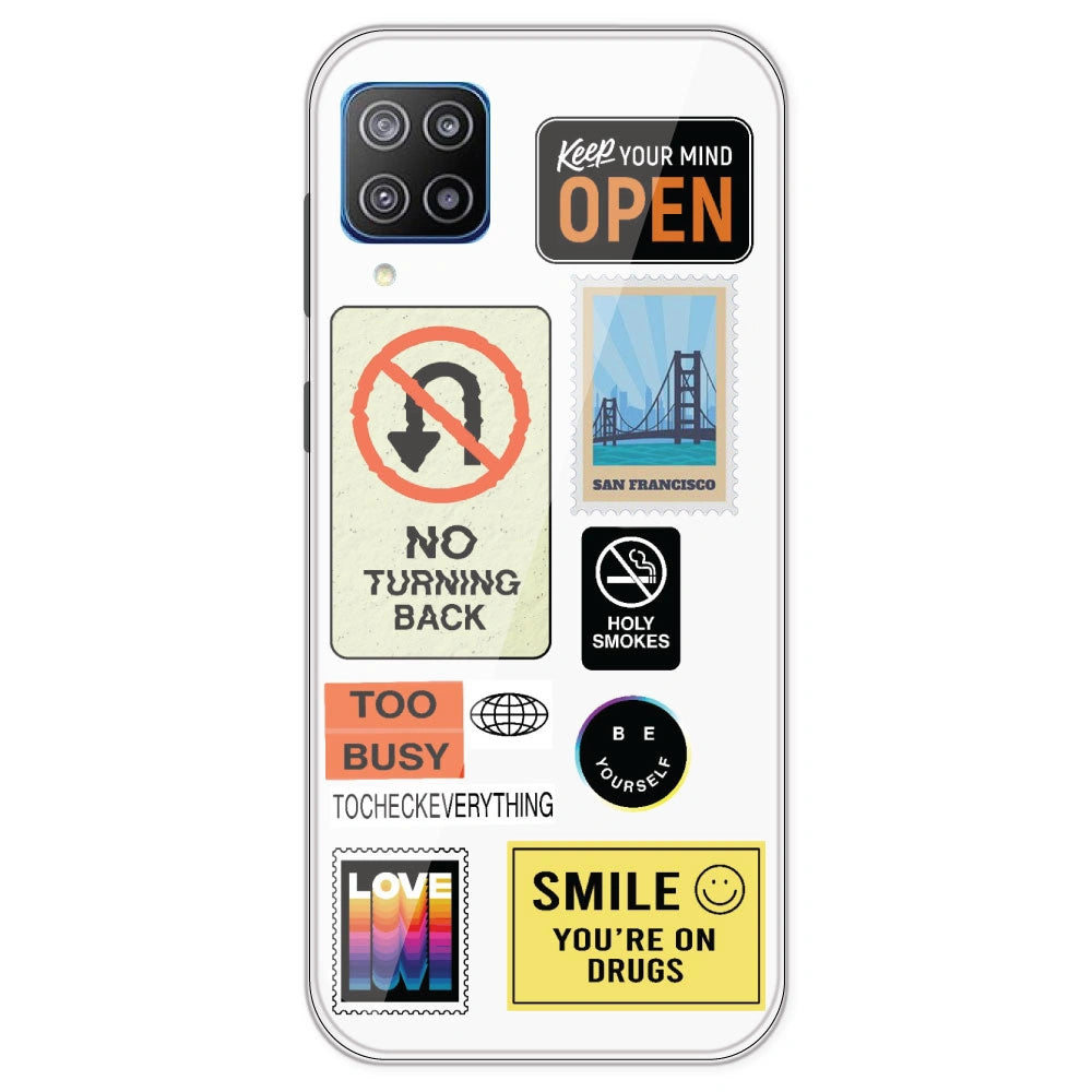 Retro Labels - Clear Printed Silicone Case For Samsung Galaxy F12