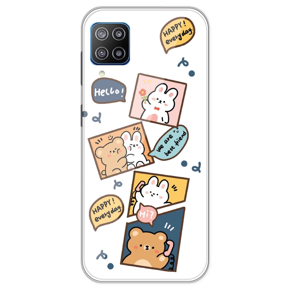 Happy Rabit And Bear - Clear Printed Silicone Case For Samsung Galaxy F12