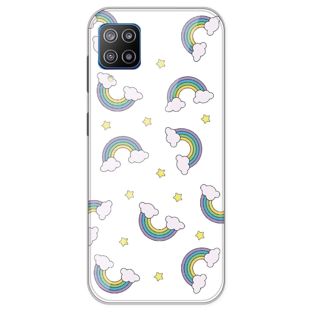 Rainbow With Clouds - Clear Printed Silicone Case For Samsung Galaxy F12