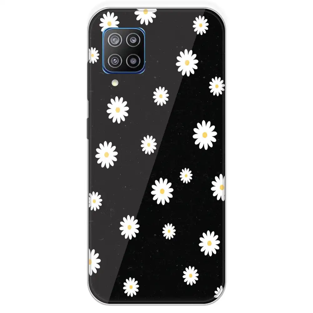 White And Black Flower - Printed Silicone Case For Samsung Galaxy F12