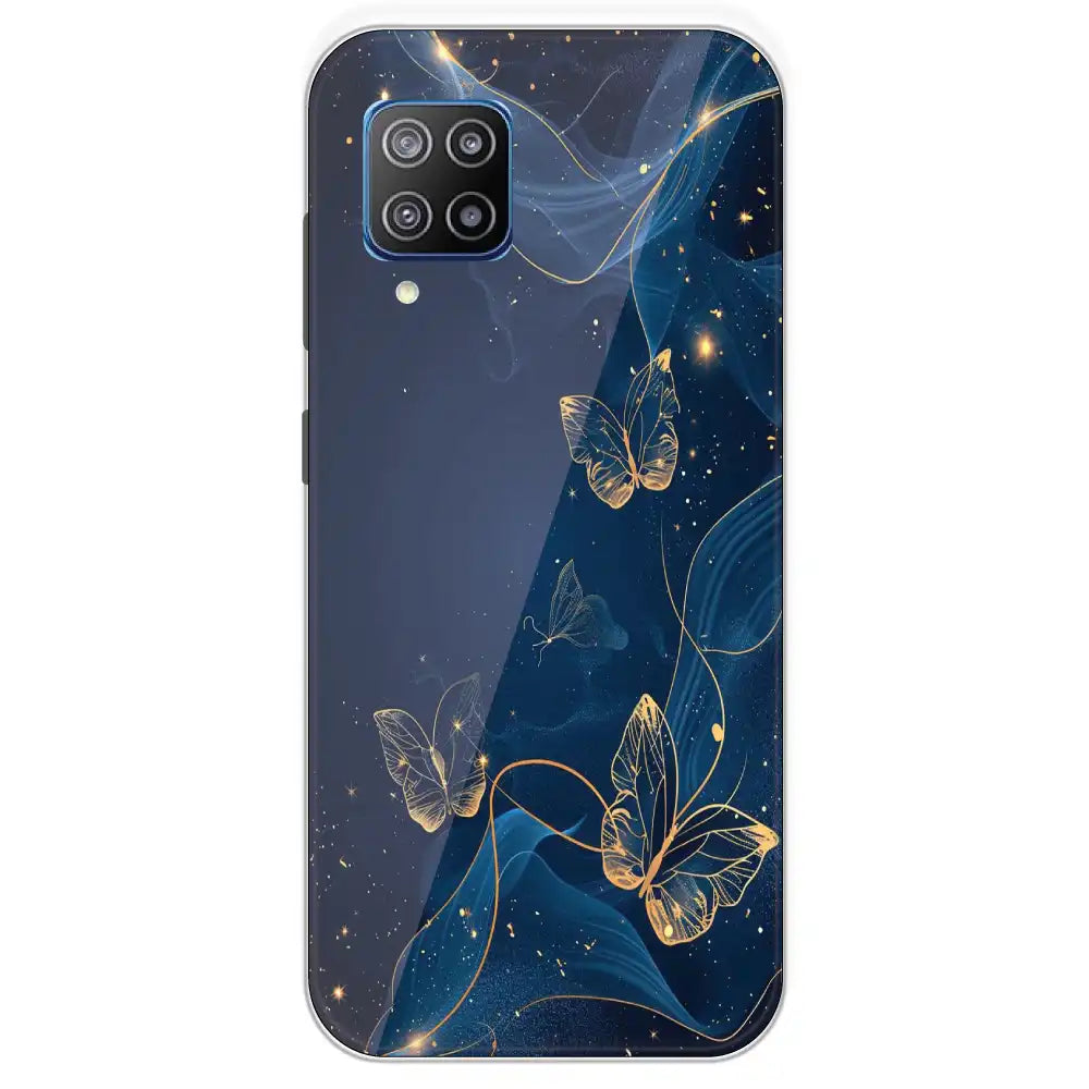 Blue With Gold Butterflies - Printed Silicone Case For Samsung Galaxy F12
