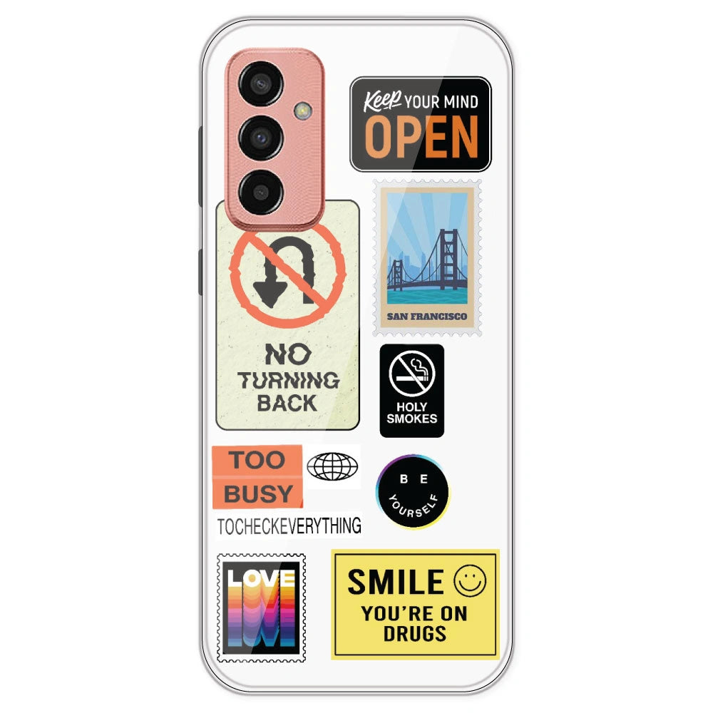 Retro Labels - Clear Printed Silicone Case For Samsung Galaxy F13