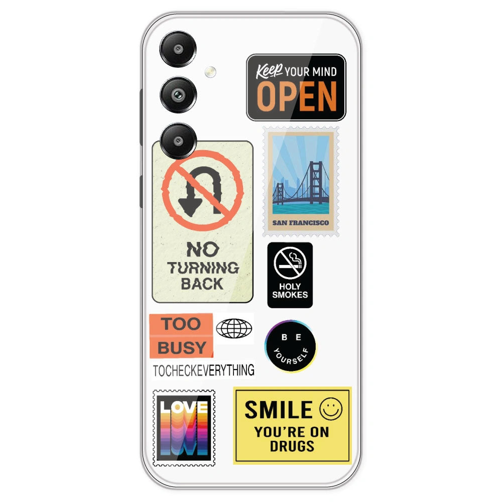 Retro Labels - Clear Printed Silicone Case For Samsung Galaxy F15