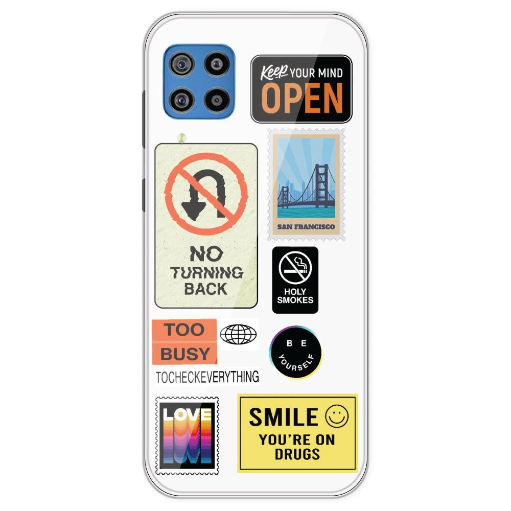 Retro Labels - Clear Printed Silicone Case For Samsung Galaxy F22