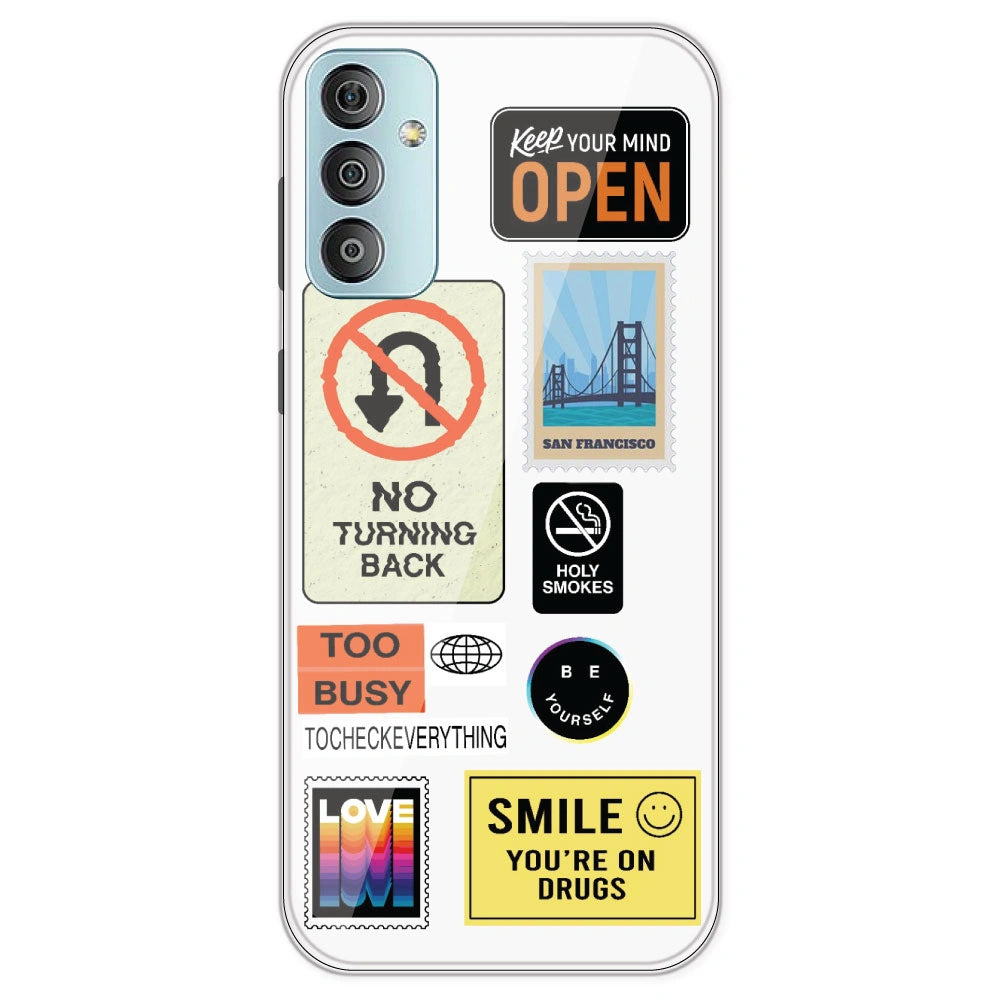 Retro Labels - Clear Printed Silicone Case For Samsung Galaxy F23
