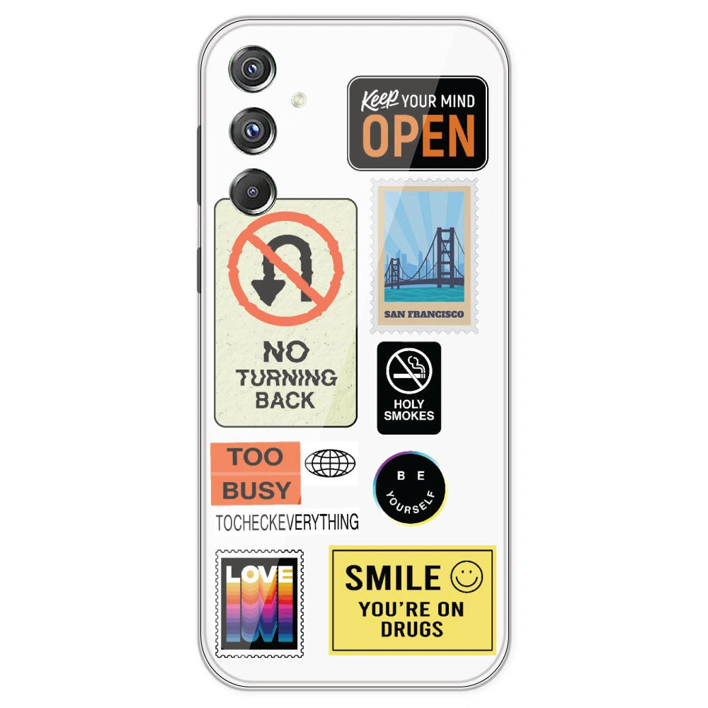 Retro Labels - Clear Printed Silicone Case For Samsung Galaxy F34