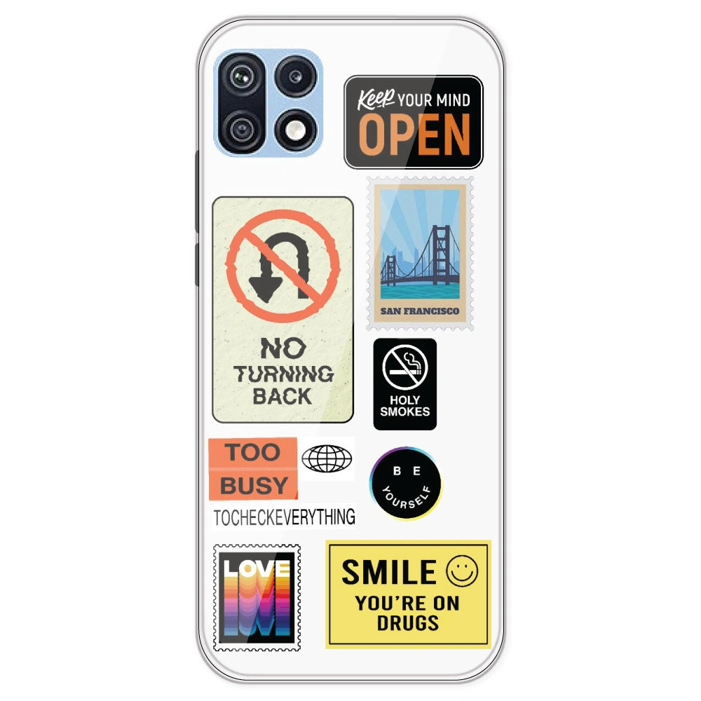 Retro Labels - Clear Printed Silicone Case For Samsung Galaxy F42