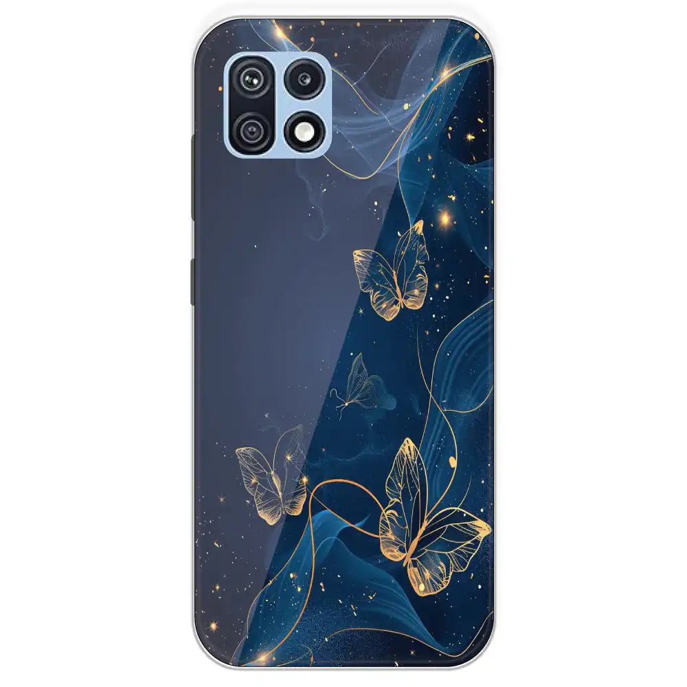 Blue With Gold Butterflies - Printed Silicone Case For Samsung Galaxy F42