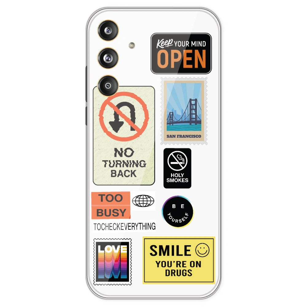 Retro Labels - Clear Printed Silicone Case For Samsung Galaxy F55