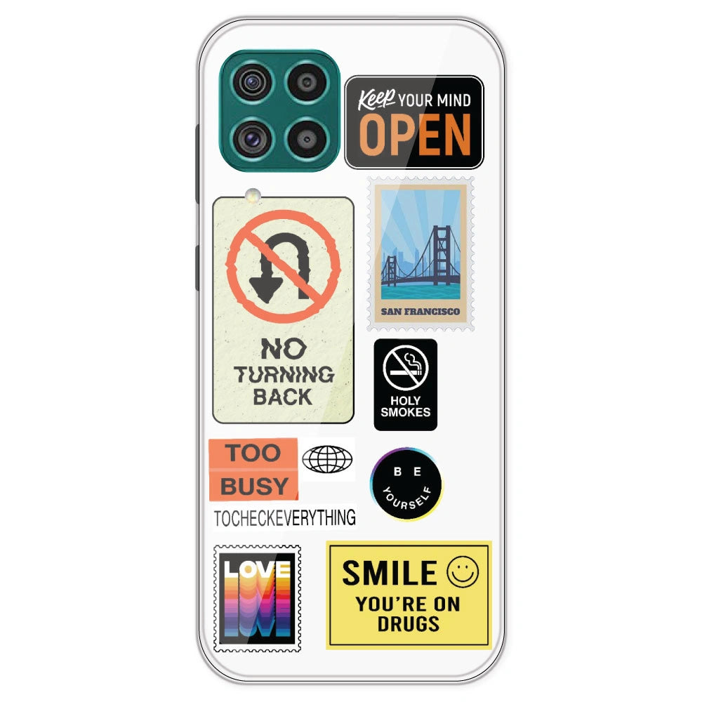 Retro Labels - Clear Printed Silicone Case For Samsung Galaxy F62
