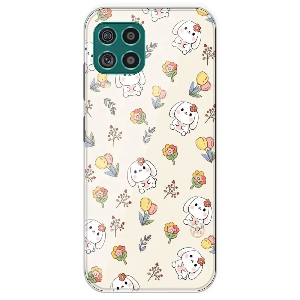 Cute Bunny And Flowers - Printed Silicone Case For Samsung Galaxy F62