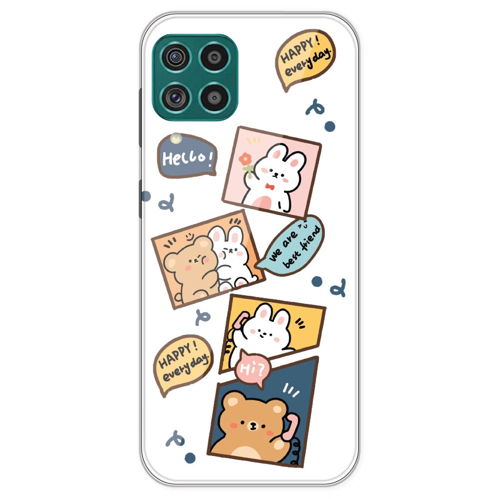 Happy Rabit And Bear - Clear Printed Silicone Case For Samsung Galaxy F62