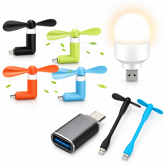 Combo of USB Fan, USB Bulb, Type-C USB Converter & C-Type Fan (OTG Required, No color choice)