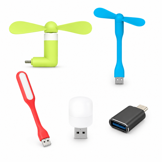Combo of USB Fan, USB Lamp, USB Bulb, Type-C USB Converter & C-Type Fan (OTG Required, No color choice)