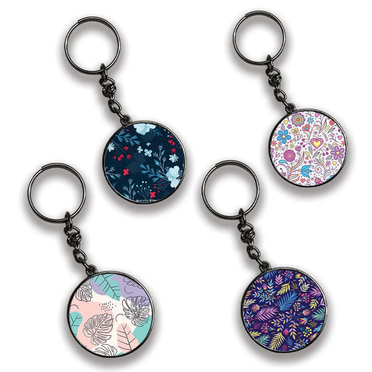 Floral - A Combo Of 4 Silver Border Keychains