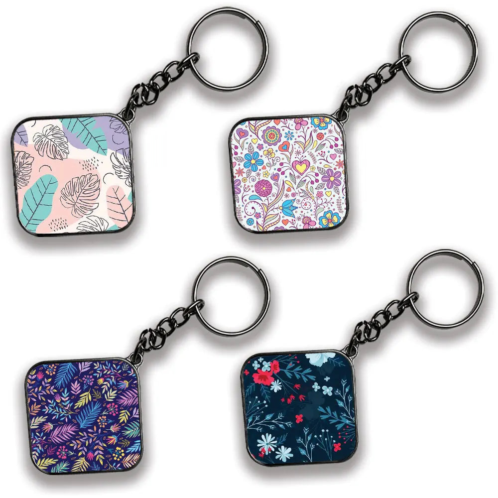 Floral - A Combo Of 4 Silver Border Keychains