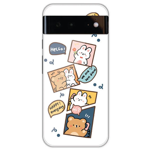 Happy Rabit And Bear - Clear Printed Silicone Case For Google Pixel 6