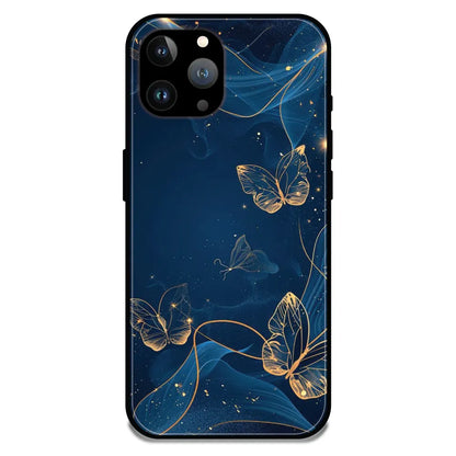 'Blue With Gold Butterflies - Glossy Metal Silicone Case For Apple iPhone 11 Pro 
