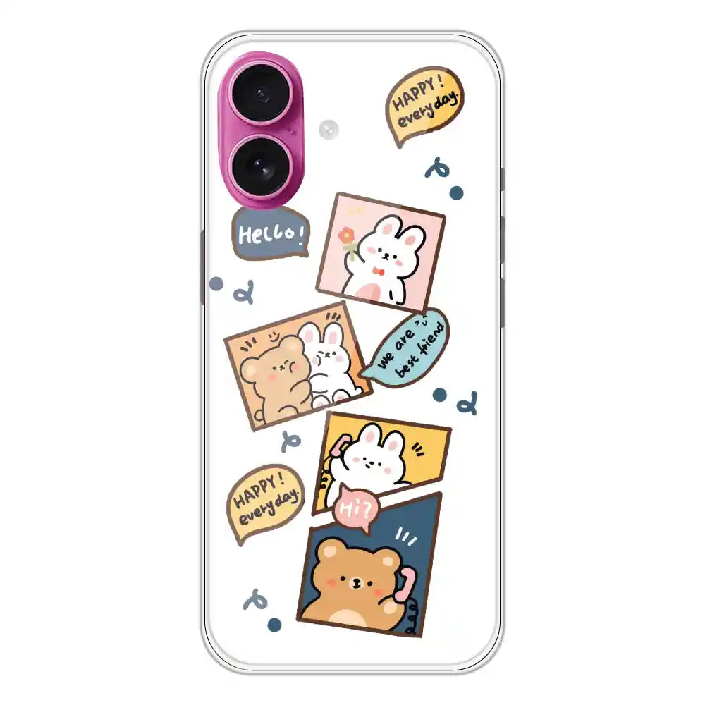 Happy Rabbit And Bear - Clear Printed Silicone Case For Apple iPhone 16 Plus