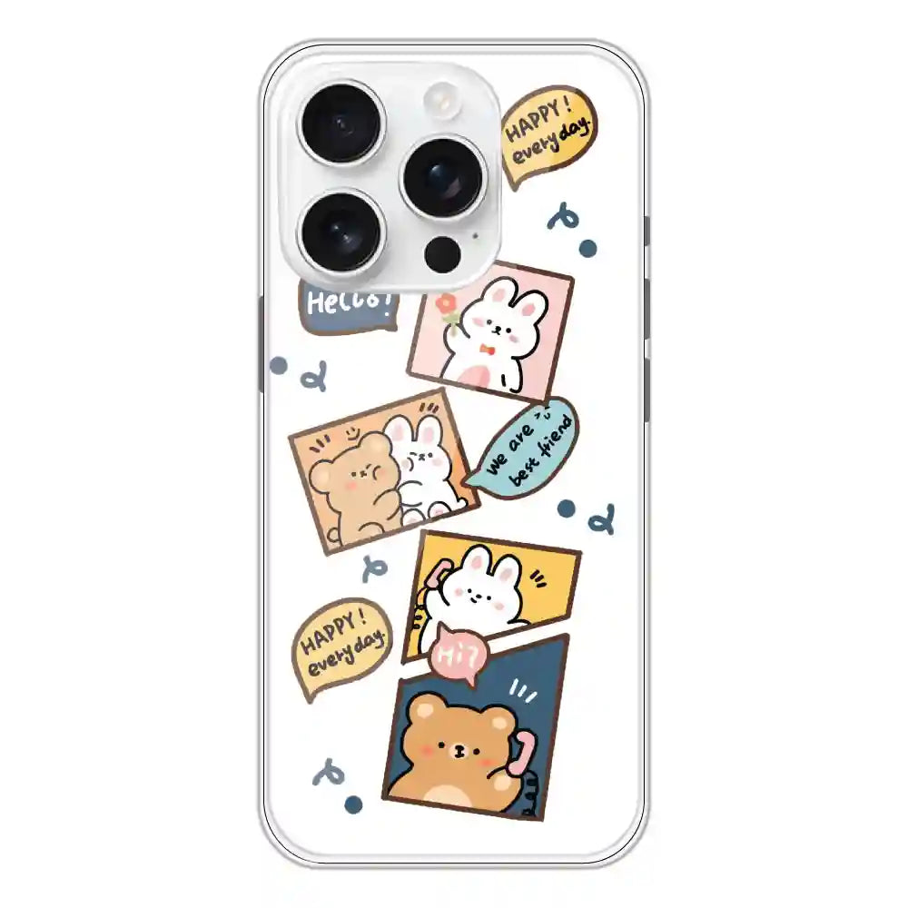 Happy Rabbit And Bear - Clear Printed Silicone Case For Apple iPhone 16 Pro