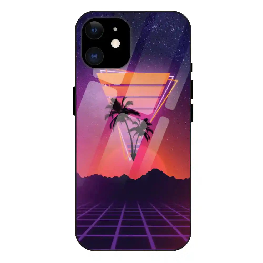 'Sunset Grid Synthwave - Glass Case For Apple iPhone 11